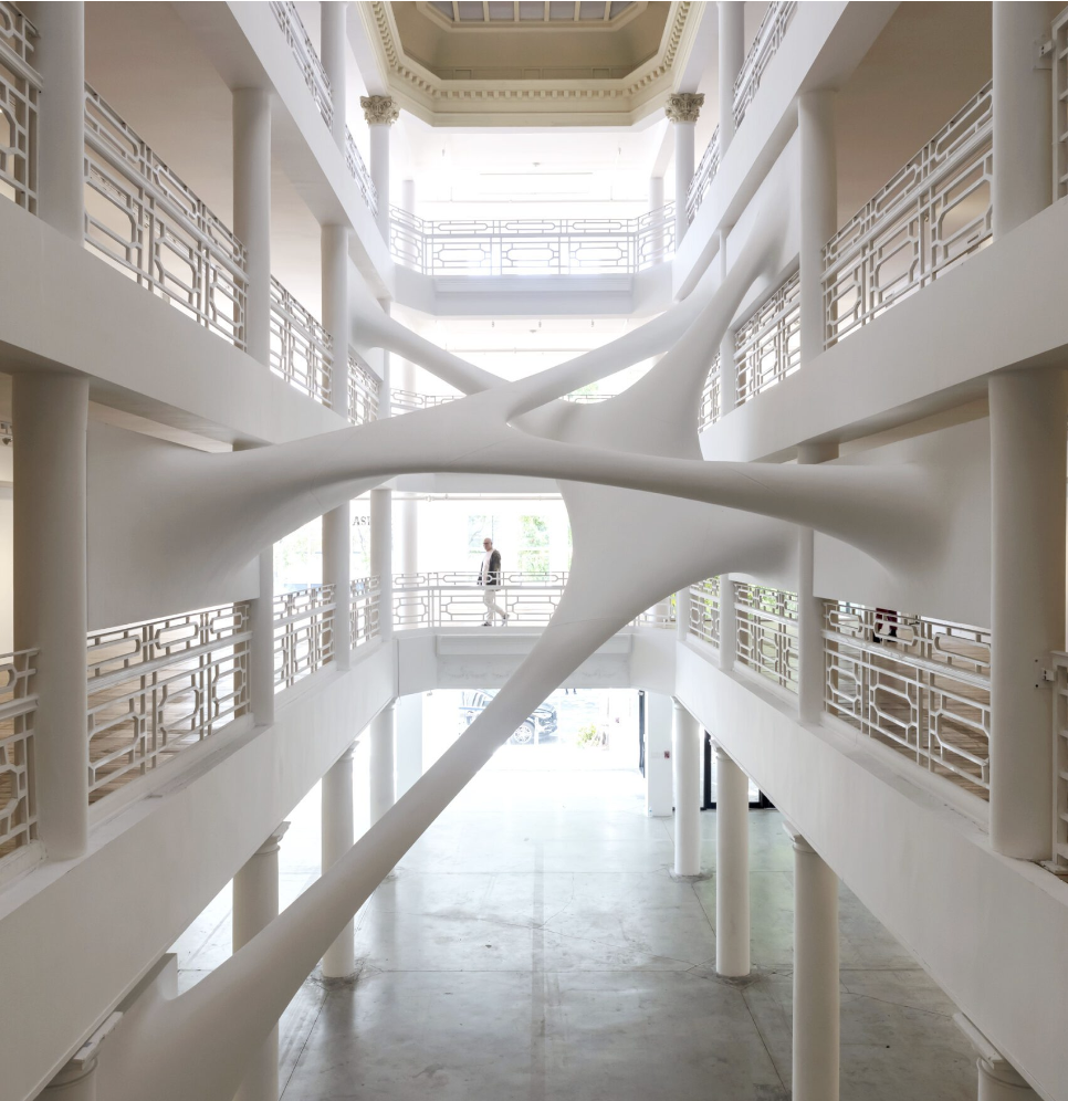 Detail of Corinthian columns and a sculptural installation inside The Moore